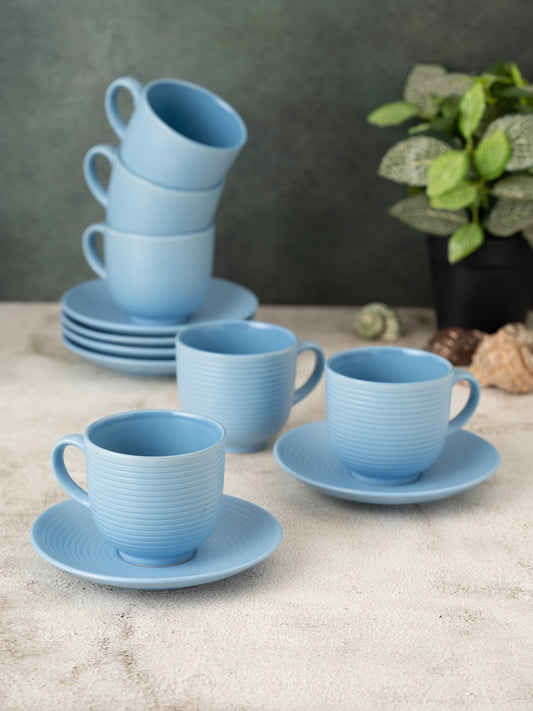 Horizon Pebble Light Blue Cup & Saucer, Set of 12 (6 Cups + 6 Saucers), 220 ml