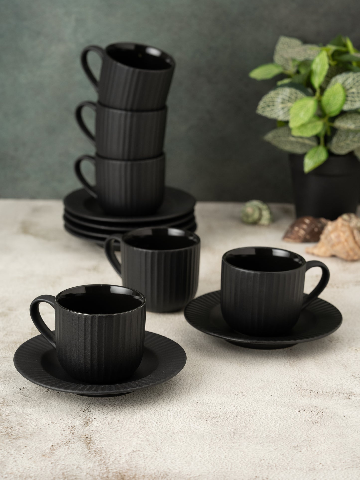 Linea Pebble Black Cup & Saucer, Set of 12 (6 Cups + 6 Saucers), 170 ml