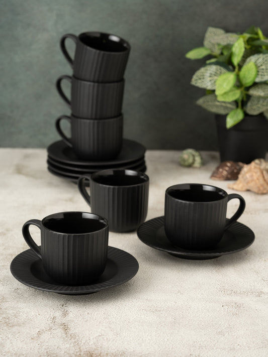 Linea Pebble Black Cup & Saucer, Set of 12 (6 Cups + 6 Saucers), 170 ml