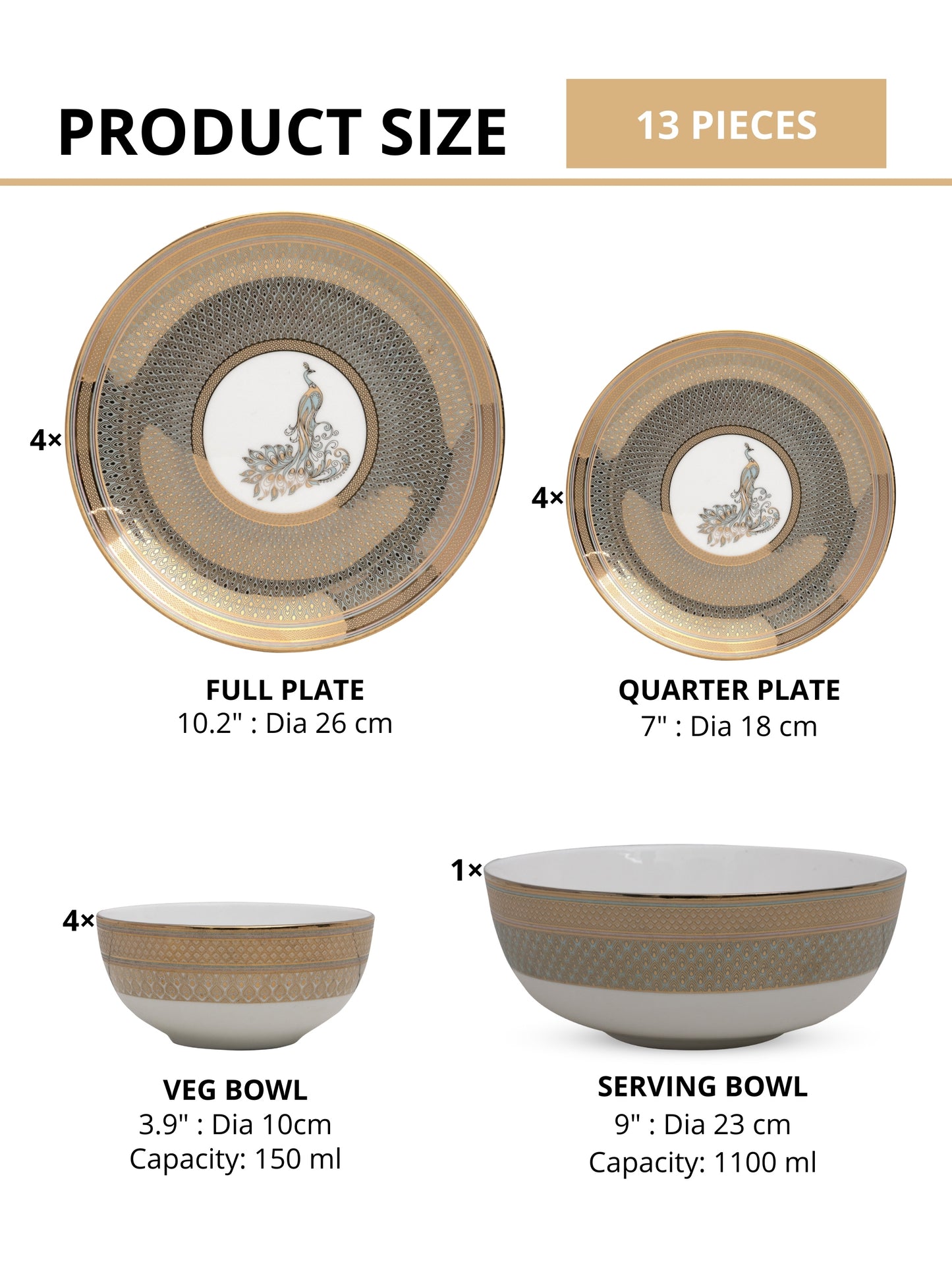 Urmi Emayura Dinner Set of 13 (EMAYURA), For Family of 4