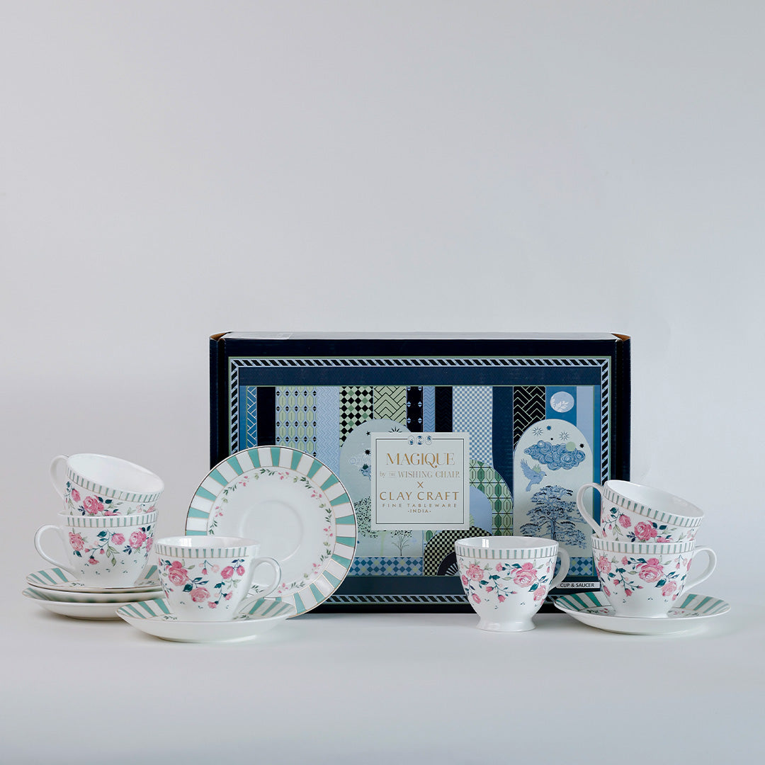 Magique by The Wishing Chair x Clay Craft, Portrait of a Rose King Cup & Saucer, Set of 12, 180ml, (6 Cups + 6 Saucers)
