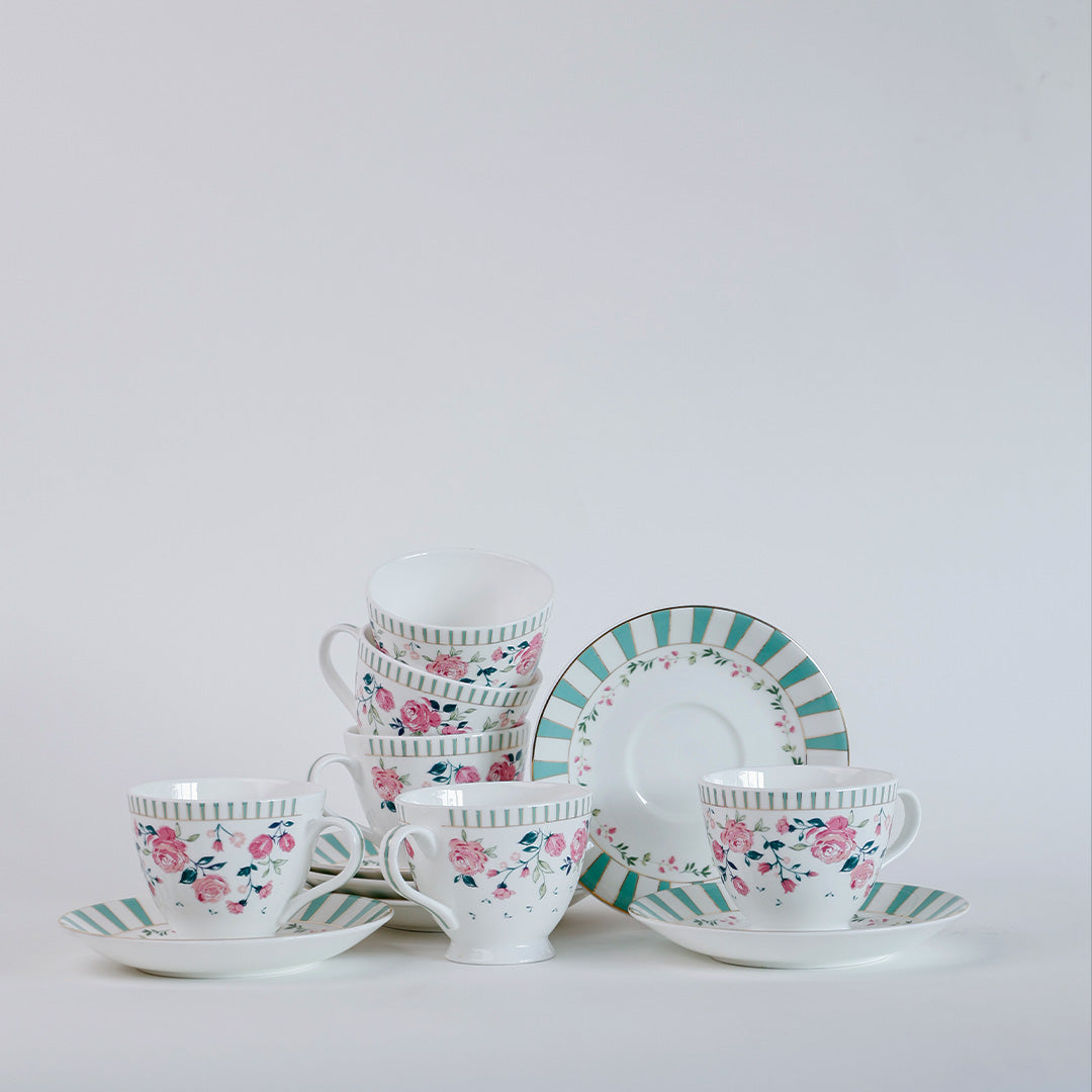 Magique by The Wishing Chair x Clay Craft, Portrait of a Rose King Cup & Saucer, Set of 12, 180ml, (6 Cups + 6 Saucers)