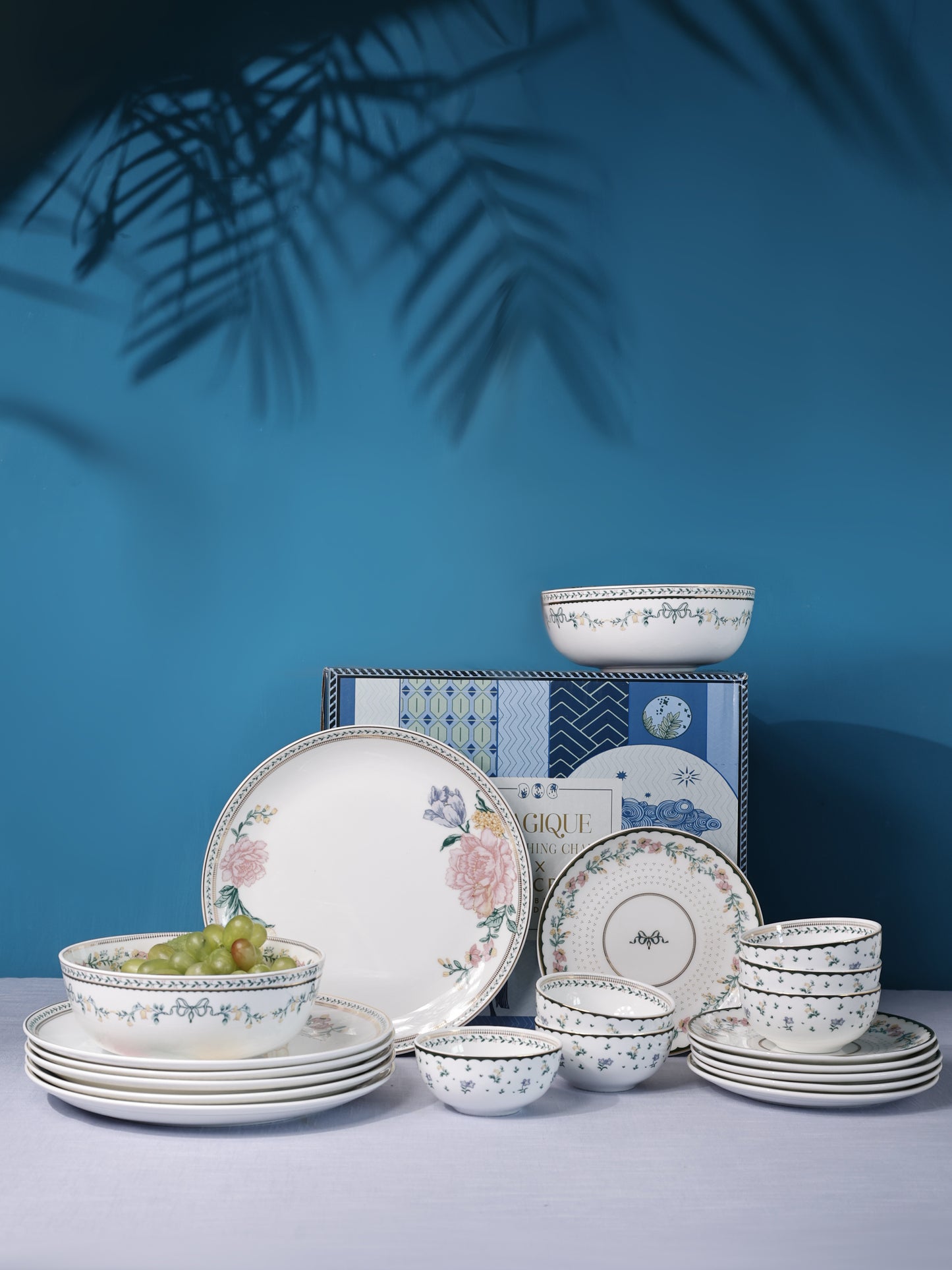 Magique by The Wishing Chair x Clay Craft,  Emerald Ribbon Urmi Dinner Set of 20, For Family of 6 (T03)