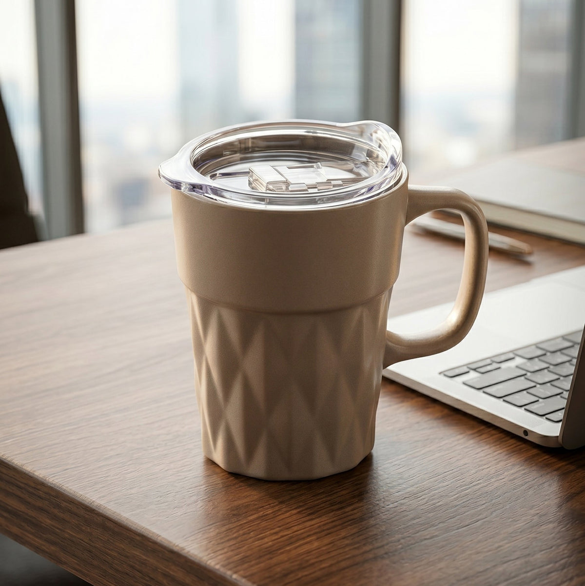 Clay Craft Jewel Diamond Pebble Porcelain Mug with Acrylic Lid, Grey, 350ml
