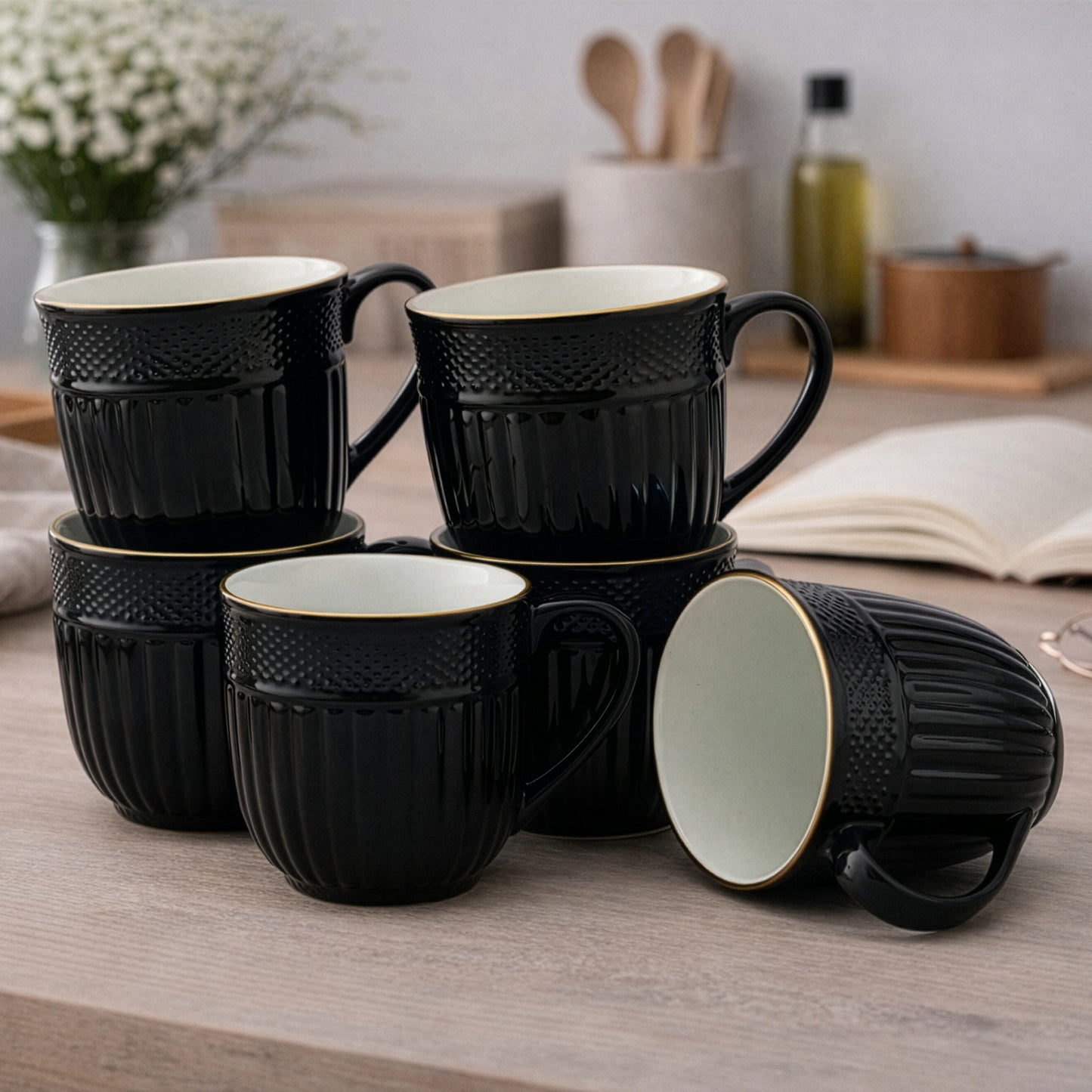 Clay Craft Esha Impression 1300 Coffee & Tea Mugs Set of 6, 200ml, (BLACK)