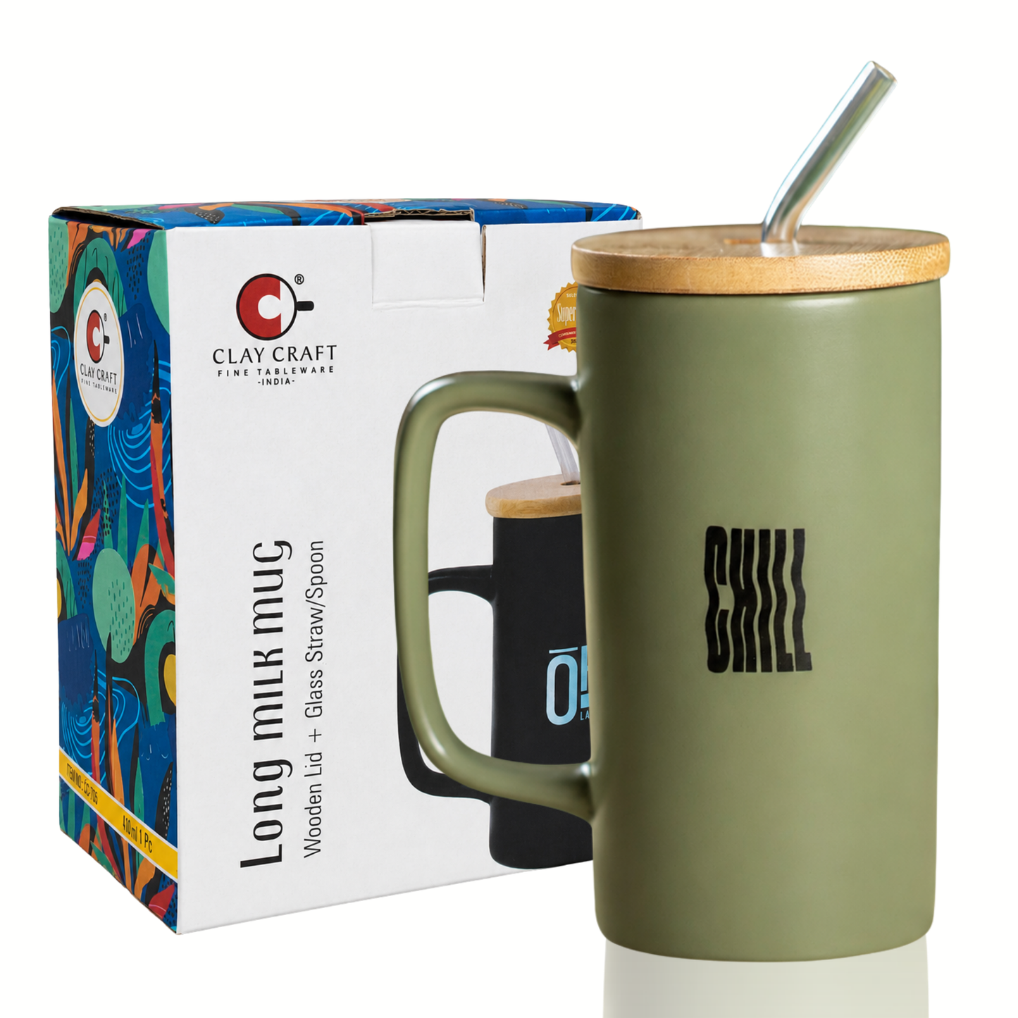 Clay Craft Premium Ceramic Coffee Mug with Bamboo Lid & Straw