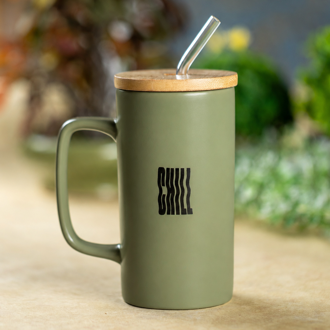 Clay Craft Premium Ceramic Coffee Mug with Bamboo Lid & Straw
