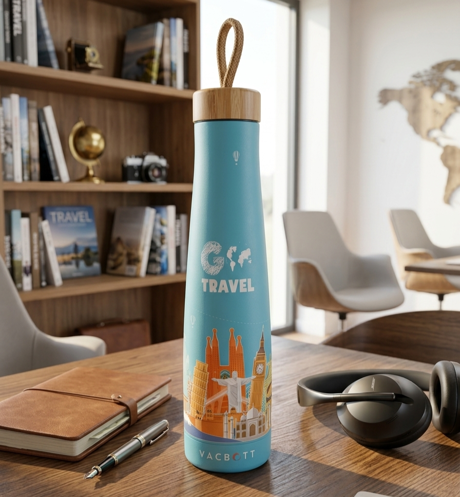 Vacbott Vivid Titan Vacuum Insulated Wanderlust Double Walled Printed 18 Hrs Hot & 24 Hrs Cold, BIS Certified, Stainless Steel Flask 650 ml