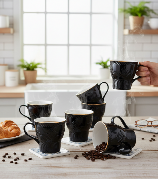 Clay Craft Aster Impression 1300 Coffee & Tea Mugs Set of 6 (BLACK)
