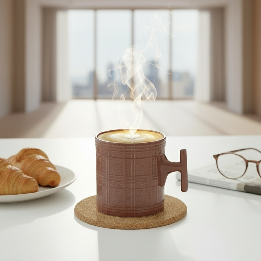 Steaming mug of coffee on a coaster with croissants and glasses in the background