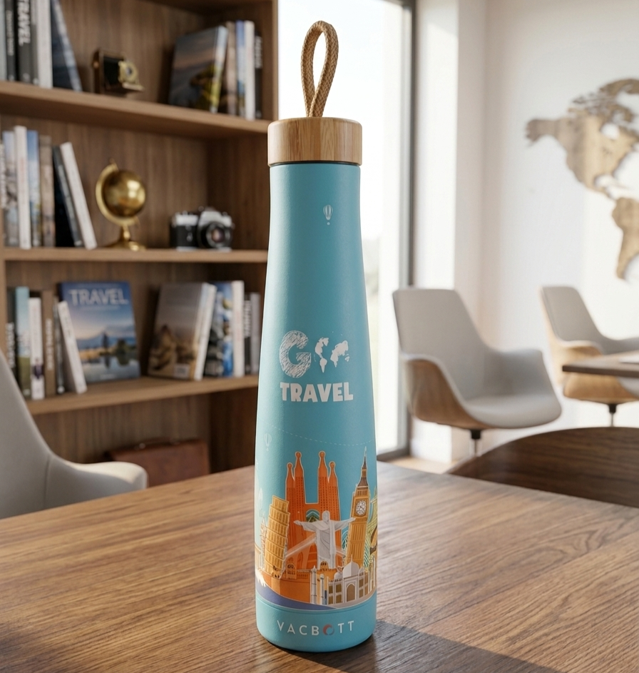 Vacbott Vivid Titan Vacuum Insulated Wanderlust Double Walled Printed 18 Hrs Hot & 24 Hrs Cold, BIS Certified, Stainless Steel Flask 650 ml