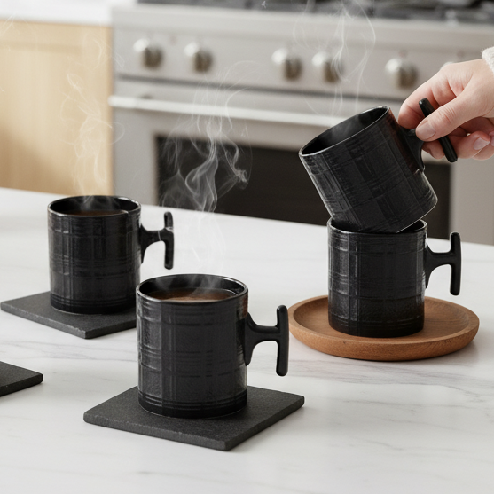 JCPL Grid Checkmate Coffee & Tea Mugs Set of 6, Black