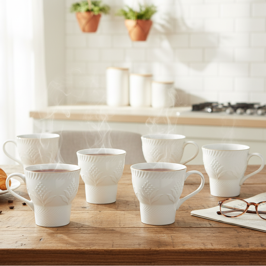 Set of white mugs on a wooden table with a kitchen background