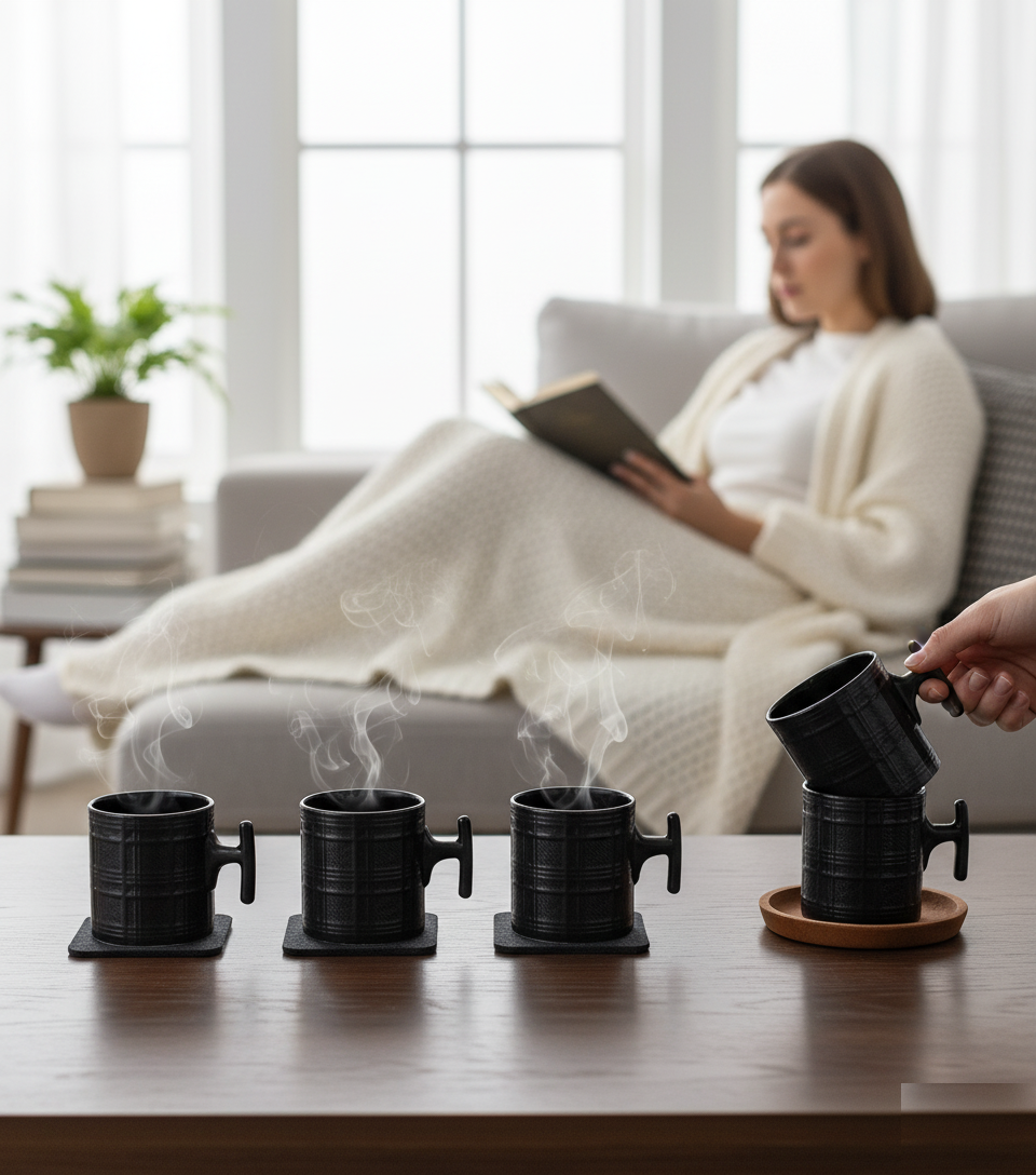 JCPL Grid Checkmate Coffee & Tea Mugs Set of 6, Black