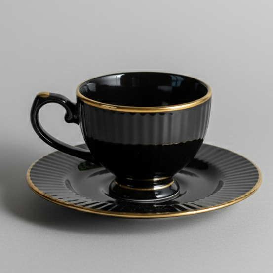 Clay Craft Julie Impression Cup & Saucer, Set of 12 (6 Cups + 6 Saucers), 170 ml, (Black)