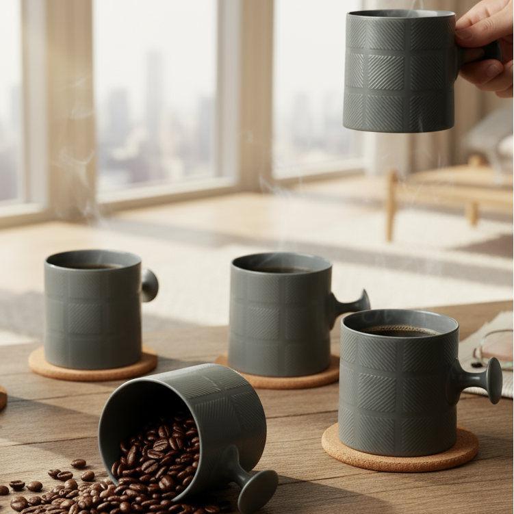 JCPL Bold Checkmate Coffee & Tea Mugs Set of 6, Grey