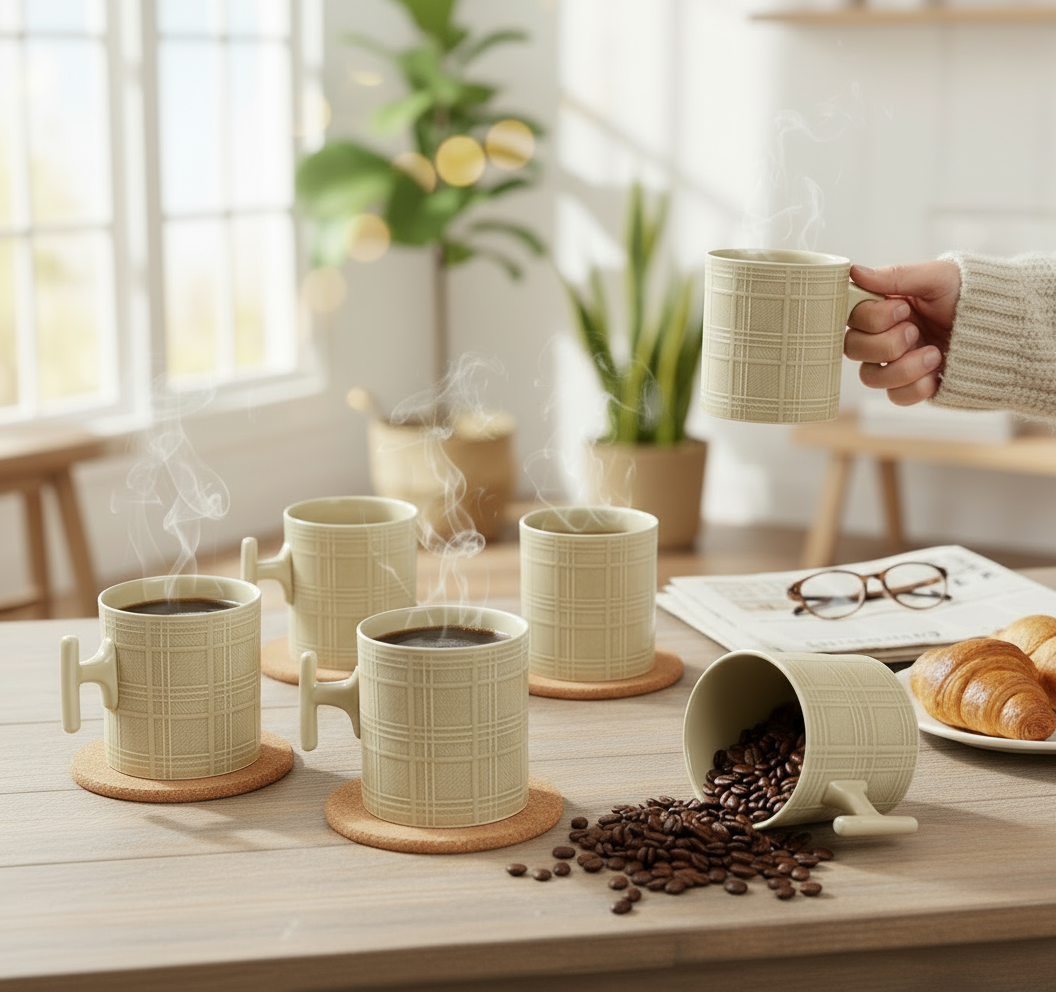 JCPL Grid Checkmate Coffee & Tea Mugs Set of 6, Olive