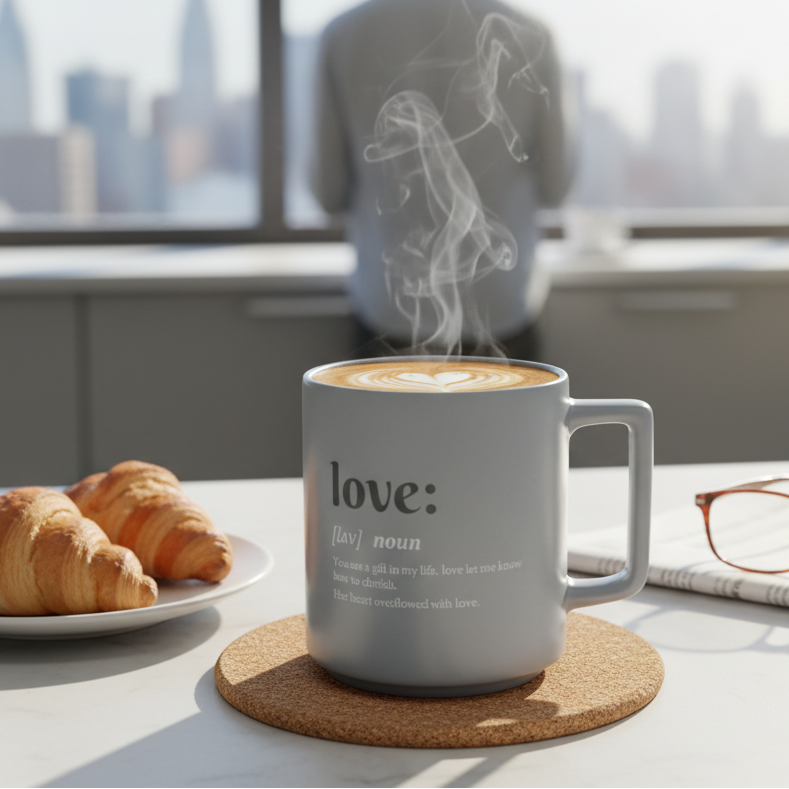 Gray mug with 'love' definition on a coaster, croissants, and glasses on a table with a cityscape view.