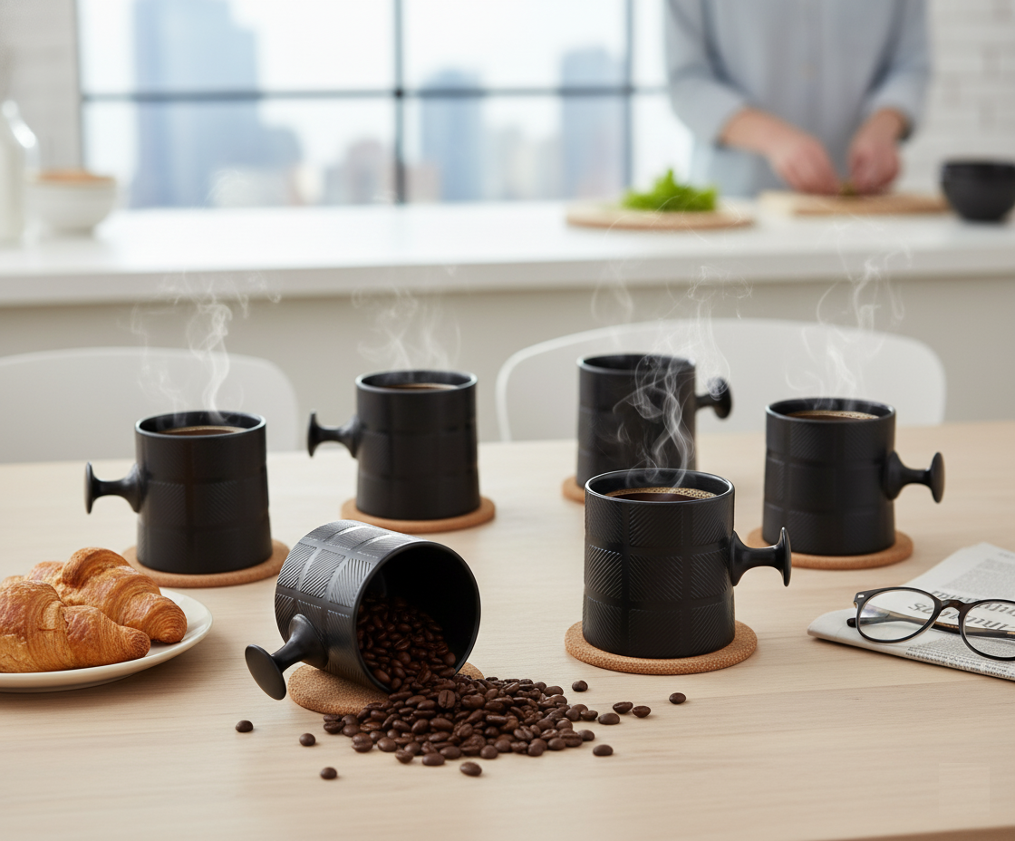 JCPL Bold Checkmate Coffee & Tea Mugs Set of 6, Black