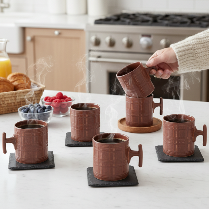 JCPL Grid Checkmate Coffee & Tea Mugs Set of 6, Plum