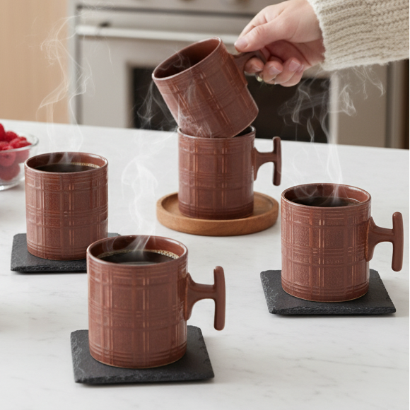 JCPL Grid Checkmate Coffee & Tea Mugs Set of 6, Plum