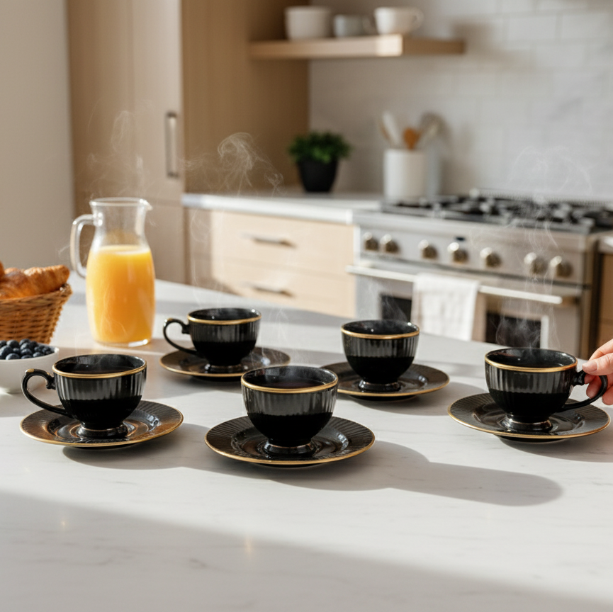 Clay Craft Julie Impression Cup & Saucer, Set of 12 (6 Cups + 6 Saucers), 170 ml, (Black)