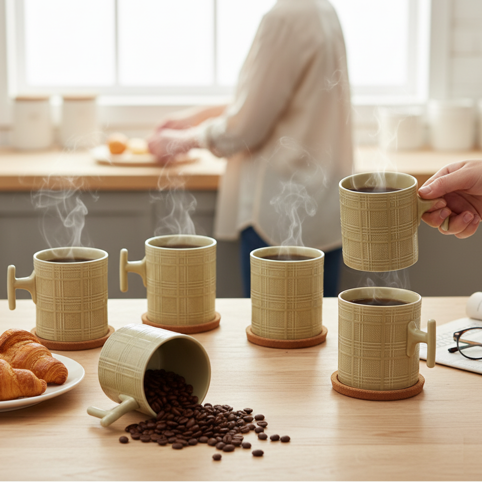 JCPL Grid Checkmate Coffee & Tea Mugs Set of 6, Olive