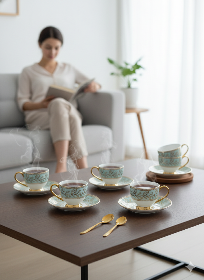 Clay Craft Olive Ebony Cup & Saucer, Set of 12 (6 Cups + 6 Saucers), 150 ml, (E602)