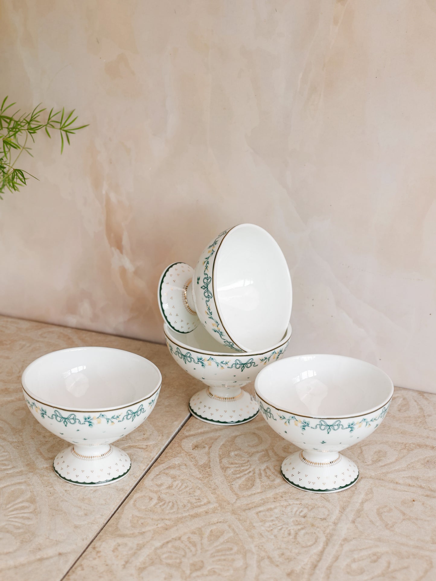 Magique by The Wishing Chair x Clay Craft, Emerald Ribbon Ice Cream Bowls Set of 4, 160 ml (T03)