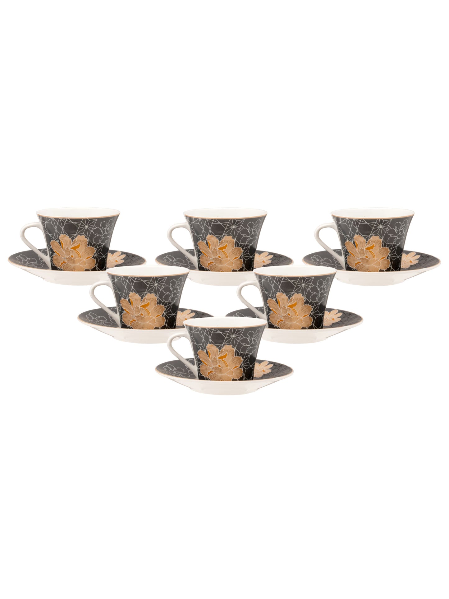 JCPL Gorge Gardenia Cup & Saucer, 210ml, Set of 12 (6 Cups + 6 Saucers) (GS308)
