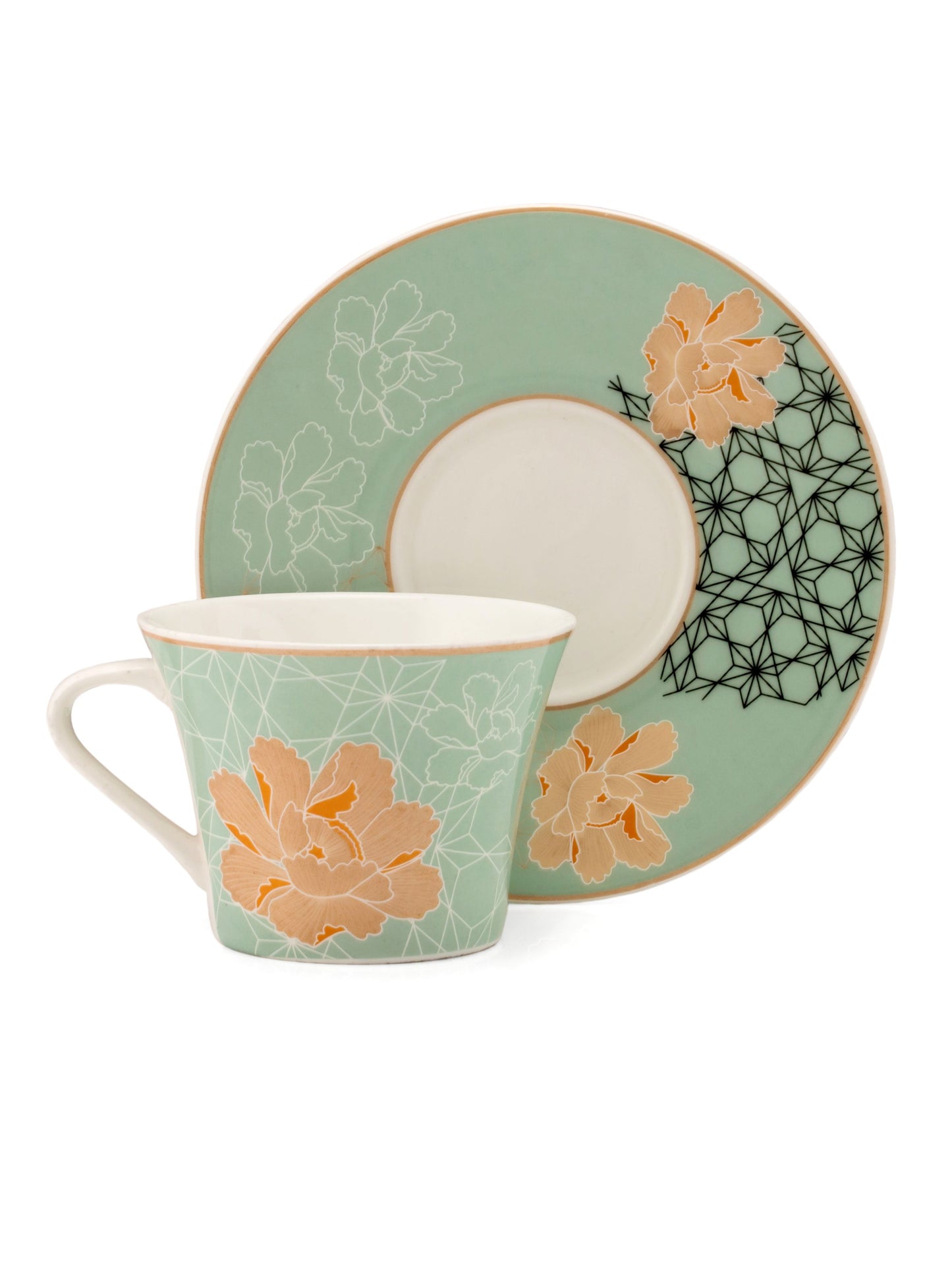 JCPL Gorge Gardenia Cup & Saucer, 210ml, Set of 12 (6 Cups + 6 Saucers) (GS309)