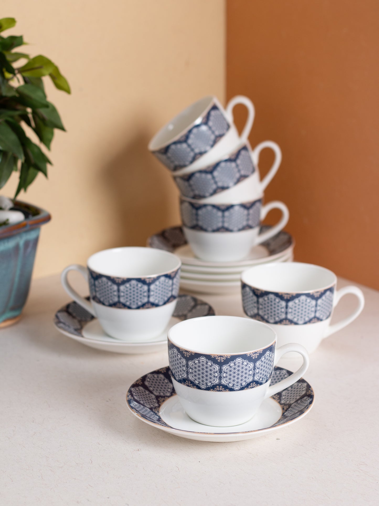 JCPL Cream Super Cup & Saucer, 170ml, Set of 12 (6 Cups + 6 Saucers) (S382)