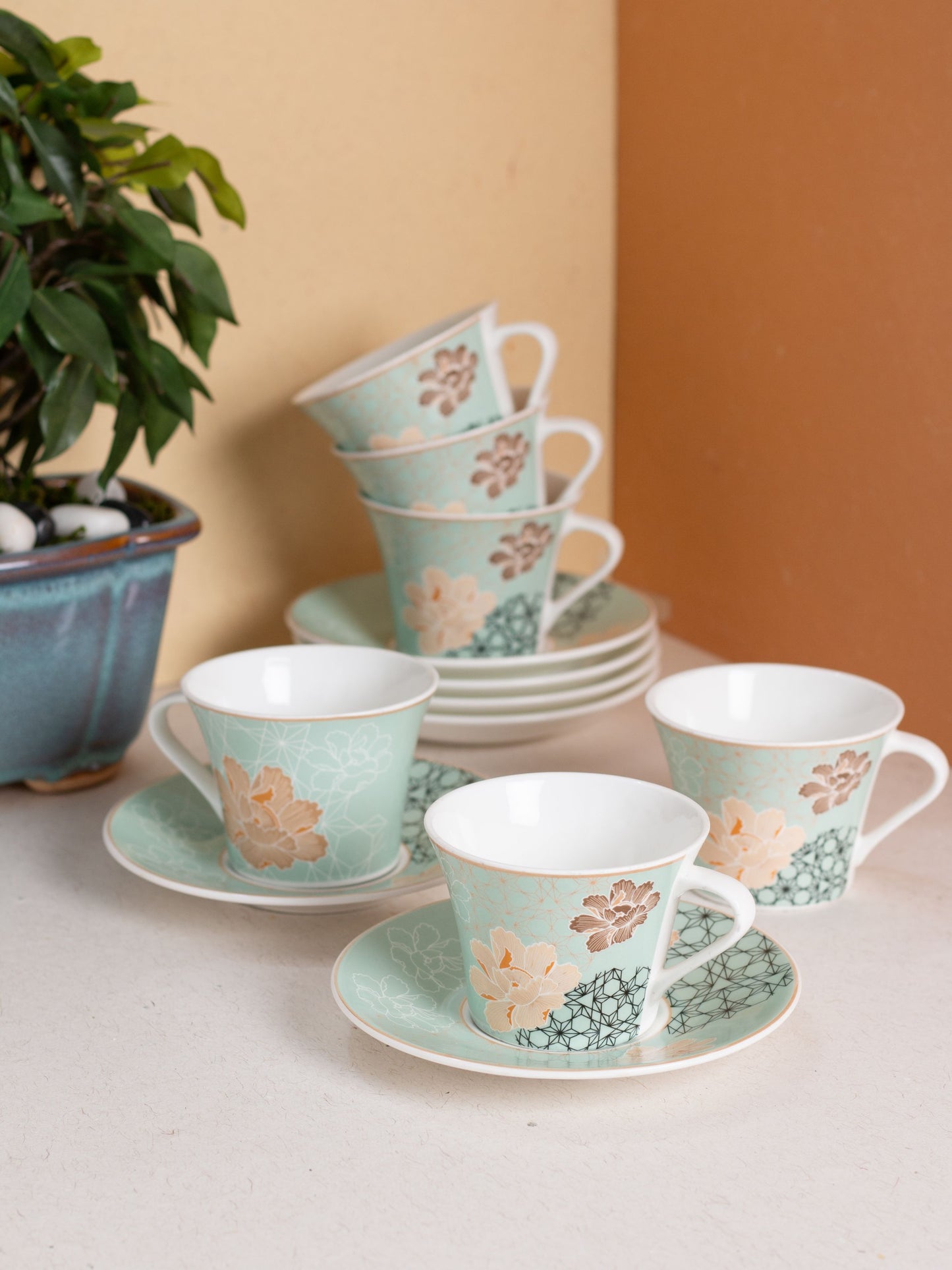 JCPL Gorge Gardenia Cup & Saucer, 210ml, Set of 12 (6 Cups + 6 Saucers) (GS309)