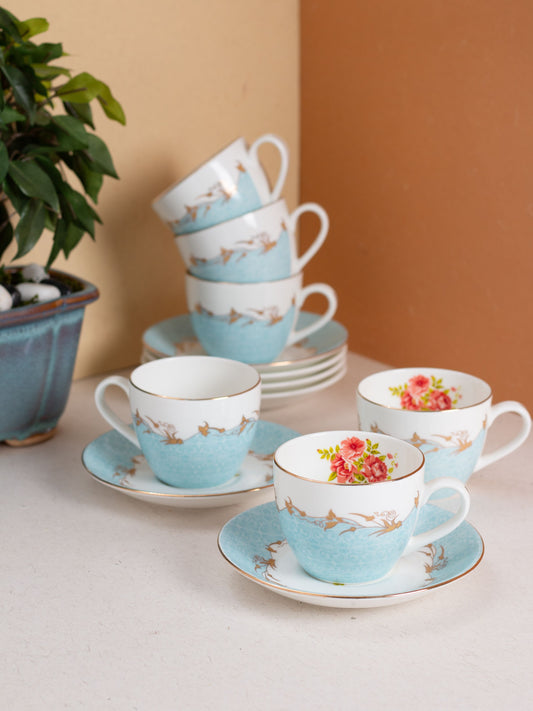 JCPL Cream Glitz Cup & Saucer, 170ml, Set of 12 (6 Cups + 6 Saucers) (705)