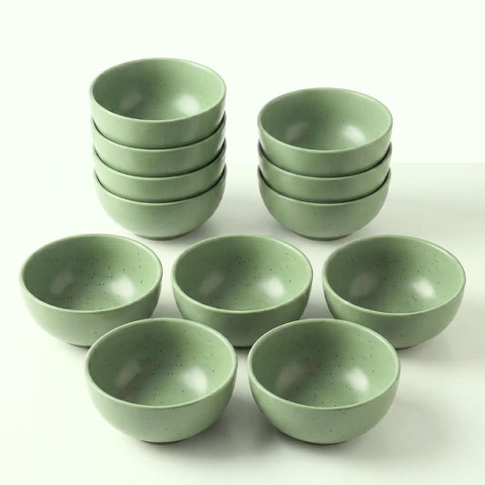 JCPL Porcelain Medium Snack Bowl, Green Solid, Matte Finish, 120ml, Set of 12
