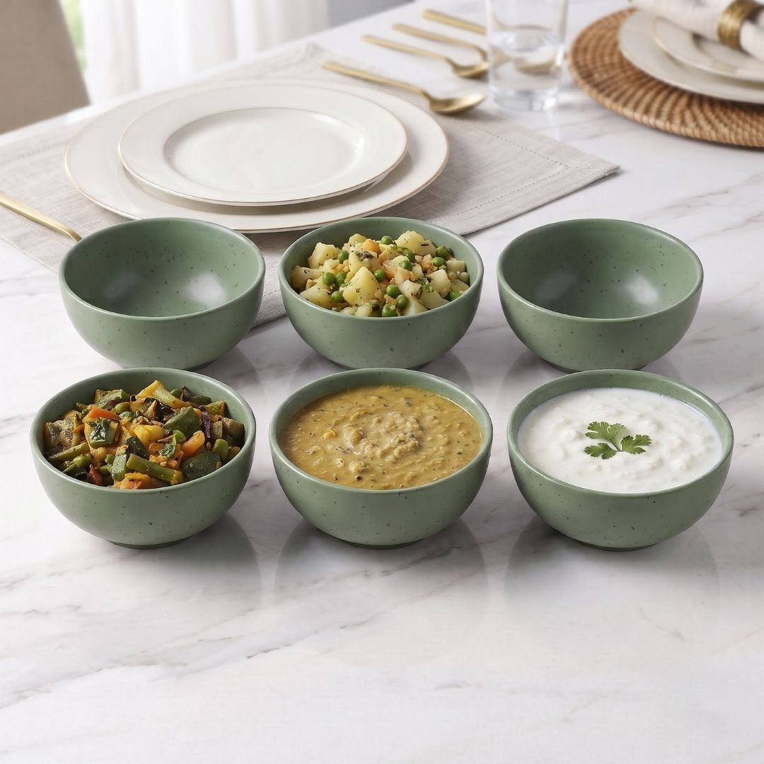 JCPL Fine Porcelain Medium Veg Bowl for Family of 12 | Green Solid | Matte Finish Home, Office & Gifting (12 Pieces)