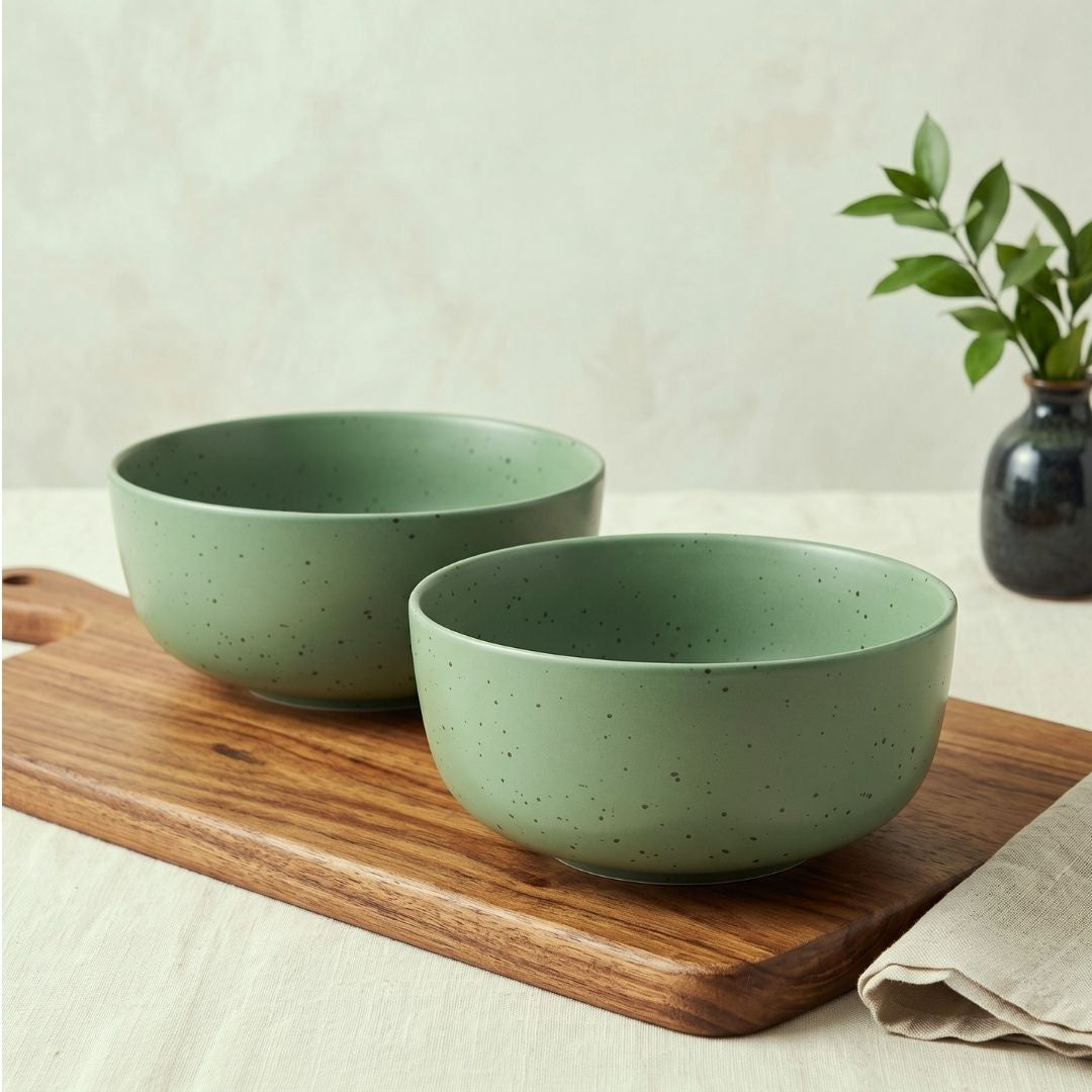 JCPL Fine Porcelain Serving Bowl for Family of 2 Green Solid Matte Finish 750ml, (2 Pieces)