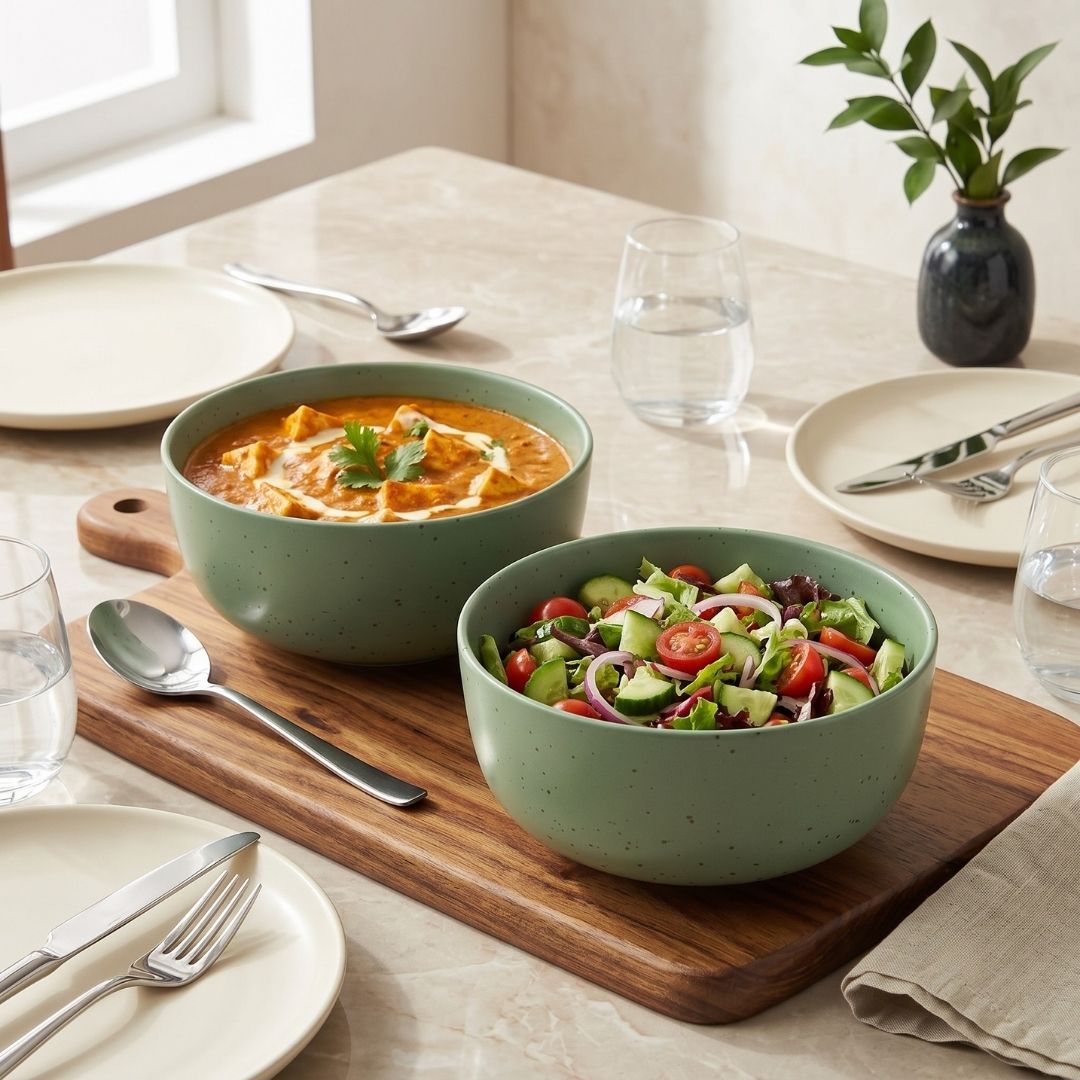 JCPL Fine Porcelain Serving Bowl for Family of 2 Green Solid Matte Finish 750ml, (2 Pieces)