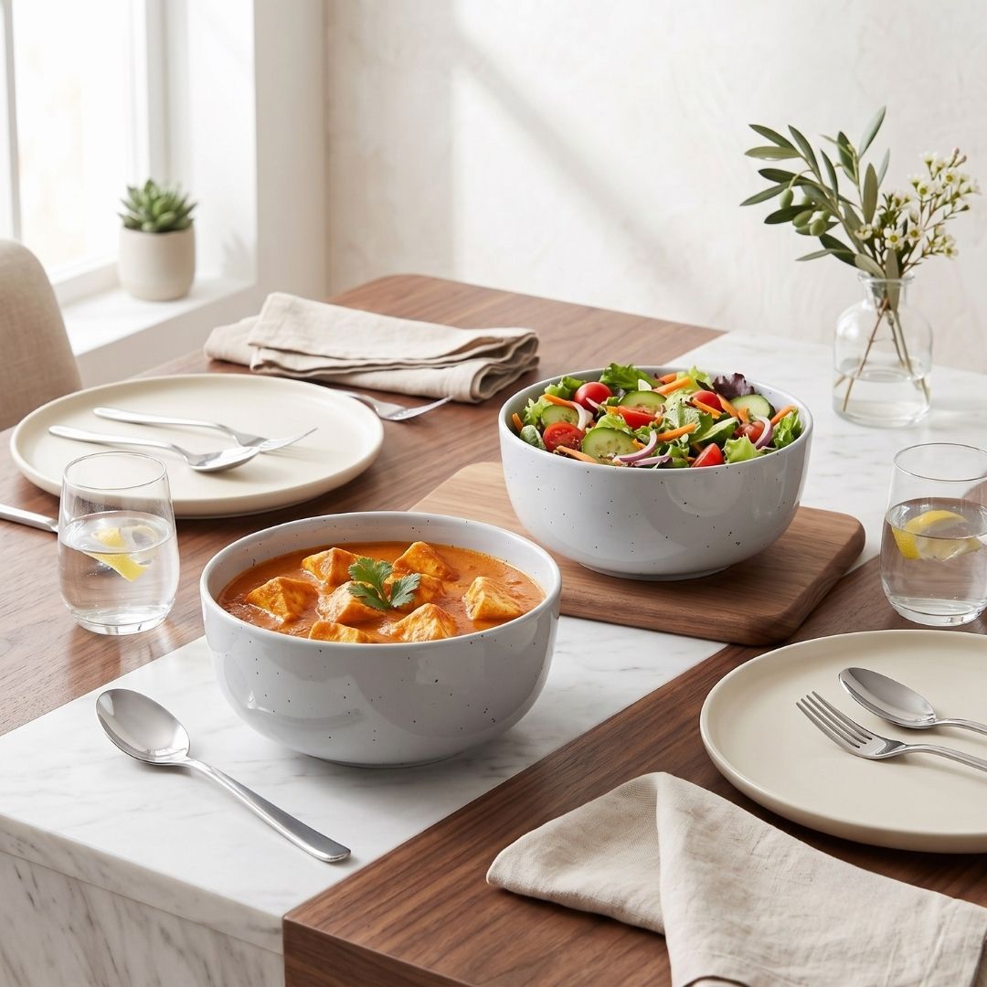 JCPL Fine Porcelain Serving Bowl for Family of 2 Green Solid Matte Finish 750ml, (2 Pieces)