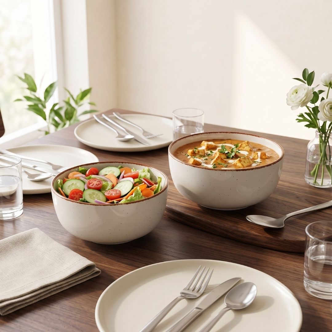 JCPL Fine Porcelain Serving Bowl for Family of 2 Green Solid Matte Finish 750ml, (2 Pieces)