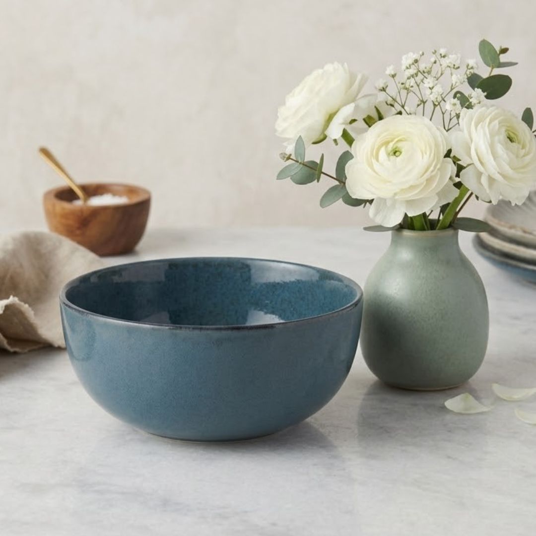 JCPL Fine Porcelain Serving Bowl for Family of 2 Blue Solid Glossy Finish 750ml, (2 Pieces)