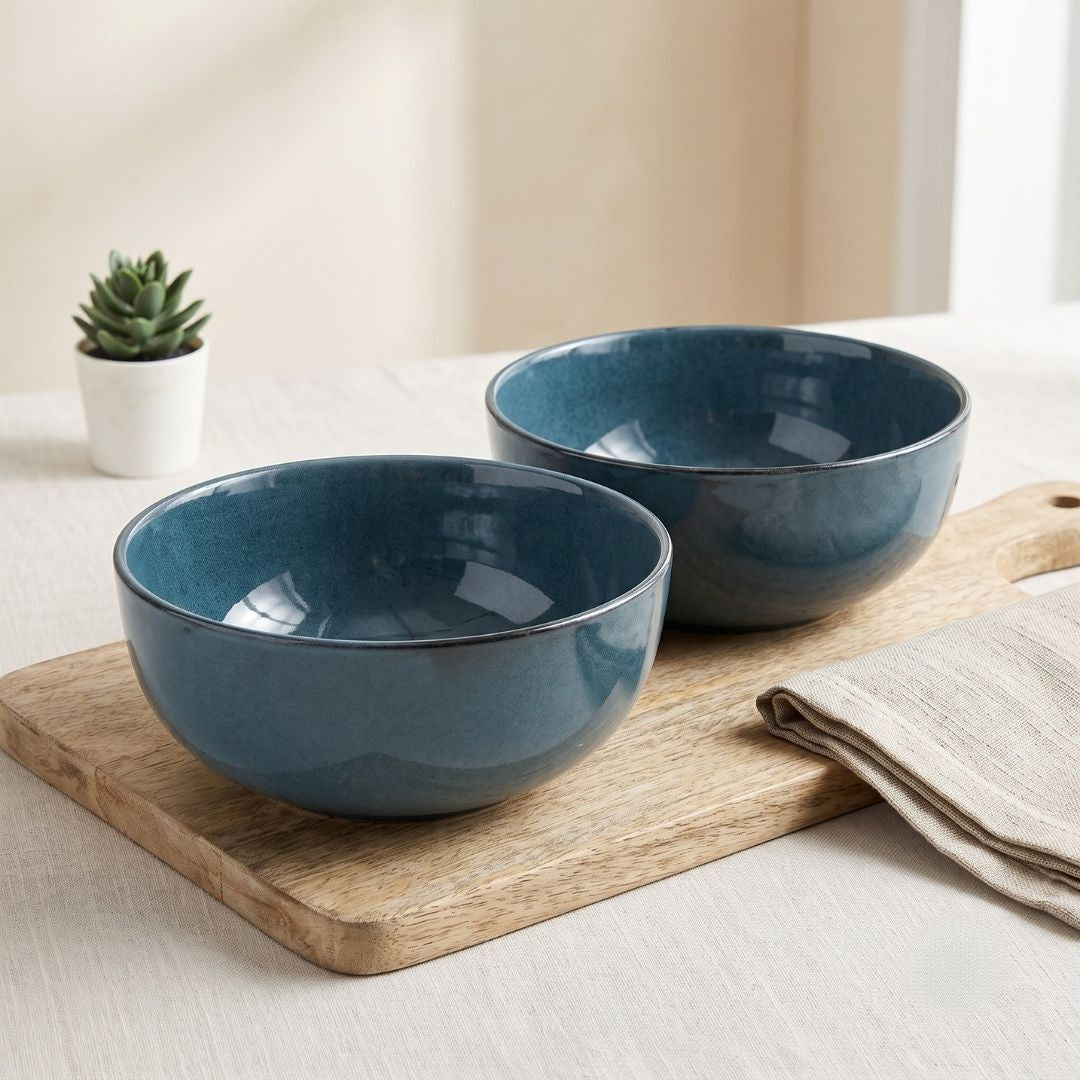 JCPL Fine Porcelain Serving Bowl for Family of 2 Blue Solid Glossy Finish 750ml, (2 Pieces)
