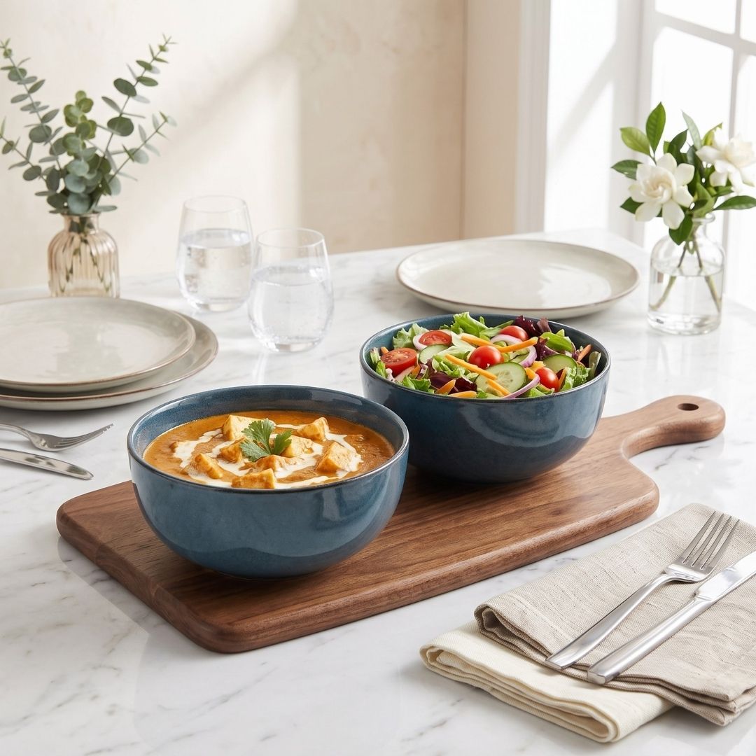 JCPL Fine Porcelain Serving Bowl for Family of 2 Blue Solid Glossy Finish 750ml, (2 Pieces)