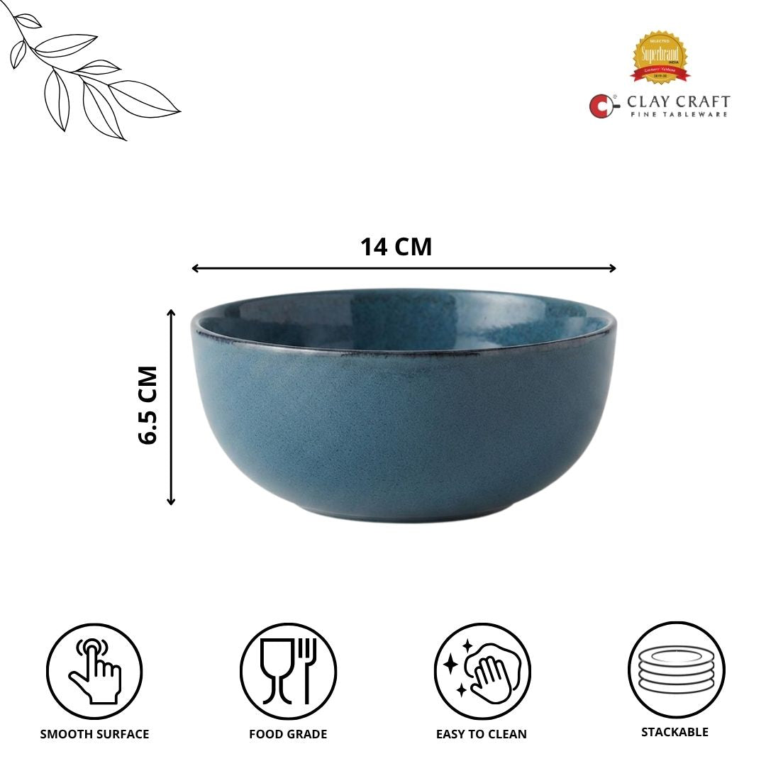 JCPL Fine Porcelain Serving Bowl for Family of 2 Blue Solid Glossy Finish 750ml, (2 Pieces)