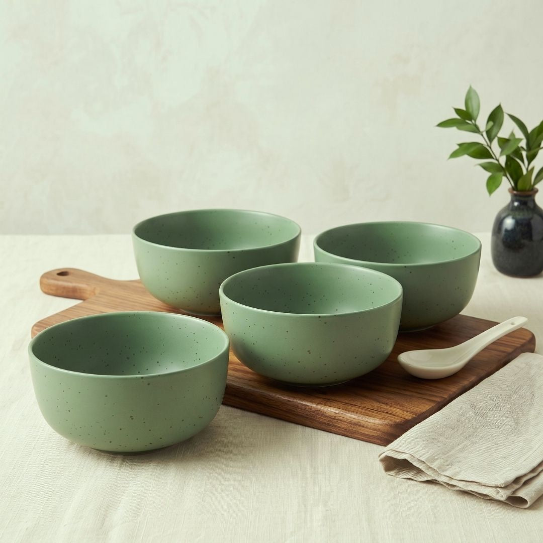 JCPL Fine Porcelain Serving Bowl for Family of 4 | Green Solid | Matte Finish Home, Office & Gifting (4 Pieces)