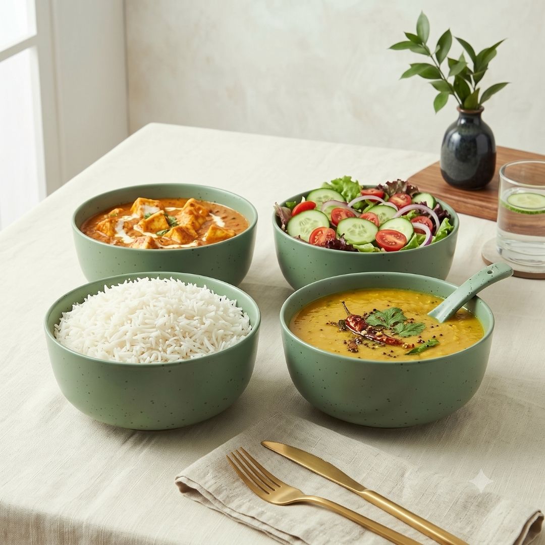 JCPL Fine Porcelain Serving Bowl for Family of 4 | Green Solid | Matte Finish Home, Office & Gifting (4 Pieces)