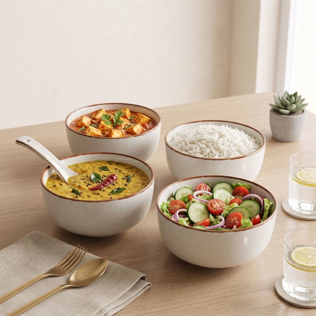 JCPL Fine Porcelain Serving Bowl for Family of 4 | Green Solid | Matte Finish Home, Office & Gifting (4 Pieces)