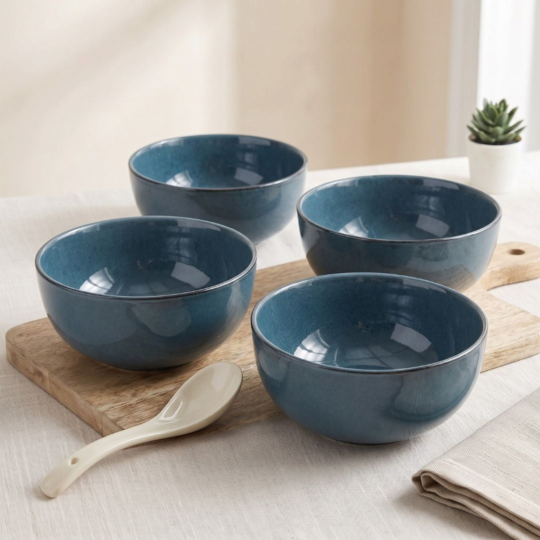JCPL Fine Porcelain Serving Bowl for Family of 4 | Blue Solid | Glossy Finish Home, Office & Gifting (4 Pieces)