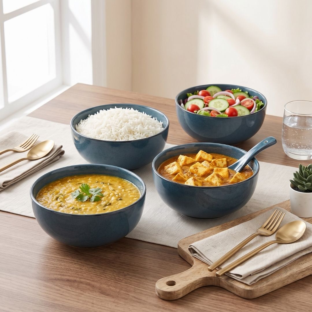 JCPL Fine Porcelain Serving Bowl for Family of 4 | Blue Solid | Glossy Finish Home, Office & Gifting (4 Pieces)