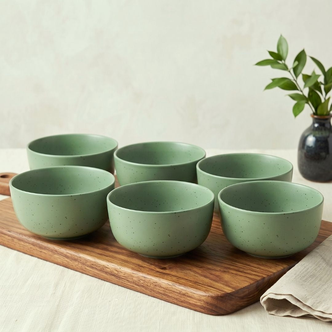 JCPL Fine Porcelain Serving Bowl for Family of 6 | Green Solid | Matte Finish Home, Office & Gifting (6 Pieces)